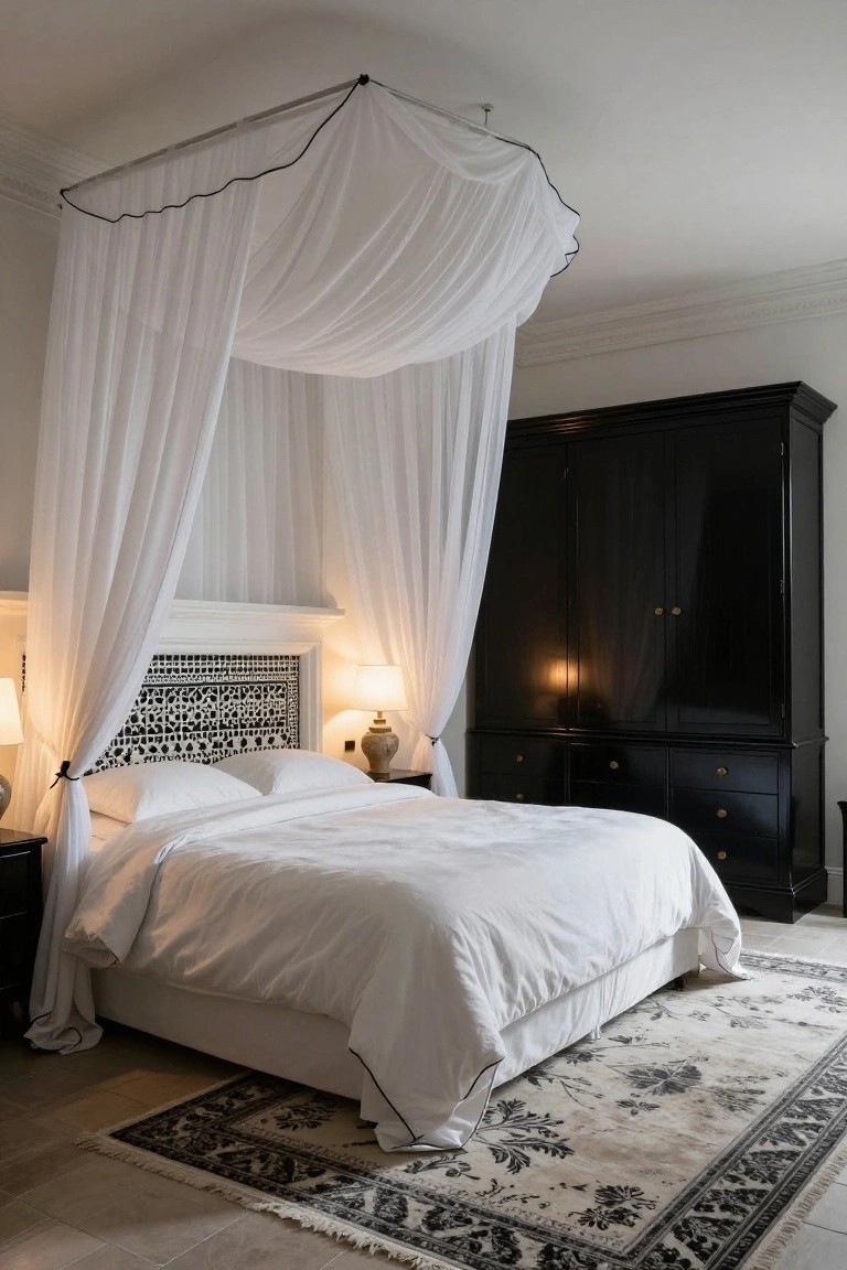 Bedroom with white king bed under sheer canopy drapes, white headboard featuring black geometric tile pattern, tall black wooden wardrobe and low dresser with gold hardware, two bedside lamps, and black-and-white patterned rug on light tile floor.