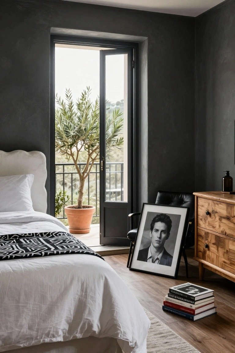 Bedroom with dark gray textured walls, white curved headboard bed dressed in white linens and black patterned throw, black leather armchair, wooden dresser, large black-framed portrait of a man in suit, stack of books on floor, and open black French doors to balcony holding potted olive tree.