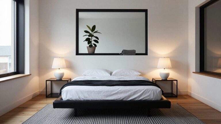 Modern bedroom with low black leather platform bed draped in white sheets and gray throw, white lamps on black nightstands, potted plant by large window, and geometric gray rug on light wood floor.