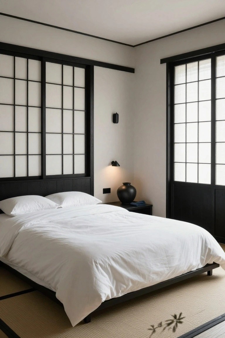 A minimalist bedroom with a low black wood platform bed draped in white bedding, shoji screens on one side, black sliding doors on the other, a black vase on a nightstand, and tatami mat flooring.