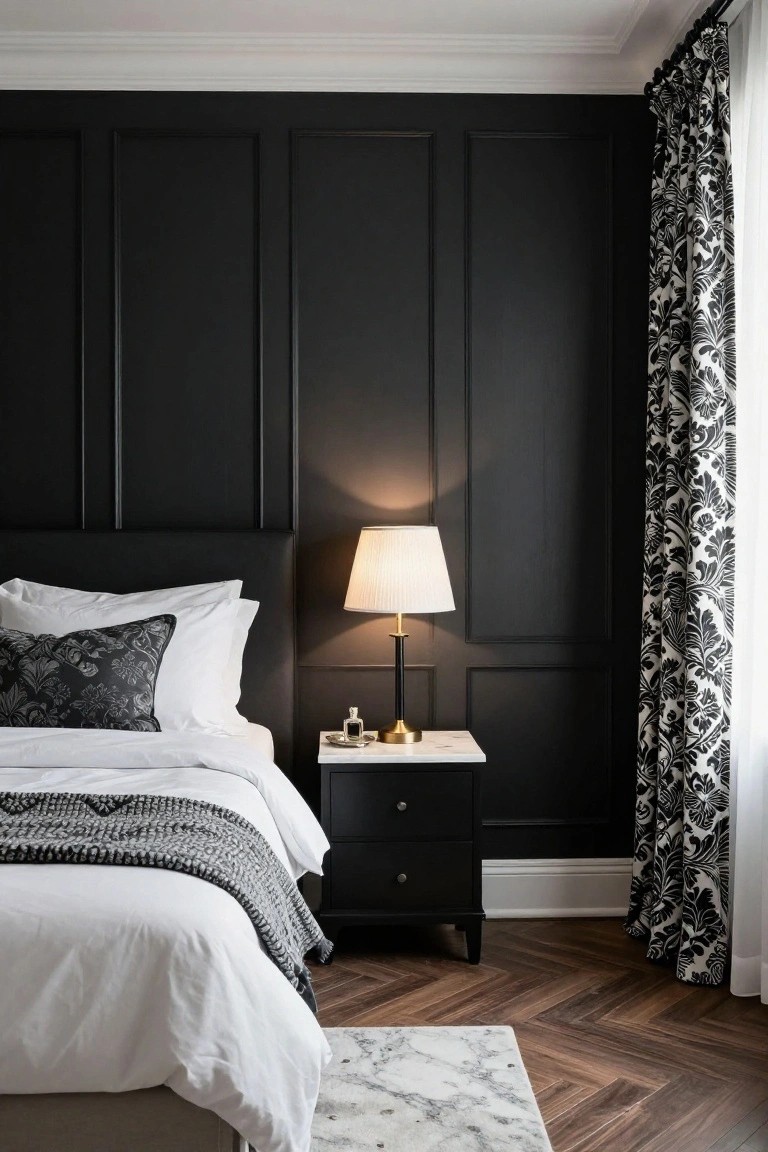 Bedroom with black paneled walls, black upholstered headboard, white bedding with gray throw, brass lamp on white marble nightstand, black dresser, patterned black and white curtains, and herringbone wood floor with white rug.