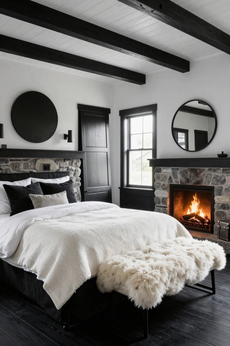 Black and white bedroom with exposed black wooden beams on white ceiling, stone fireplace integrated behind the bed with lit fire, white bedding on platform bed, black-trimmed windows and doors, dark wood floors, and a white fur bench at the foot.