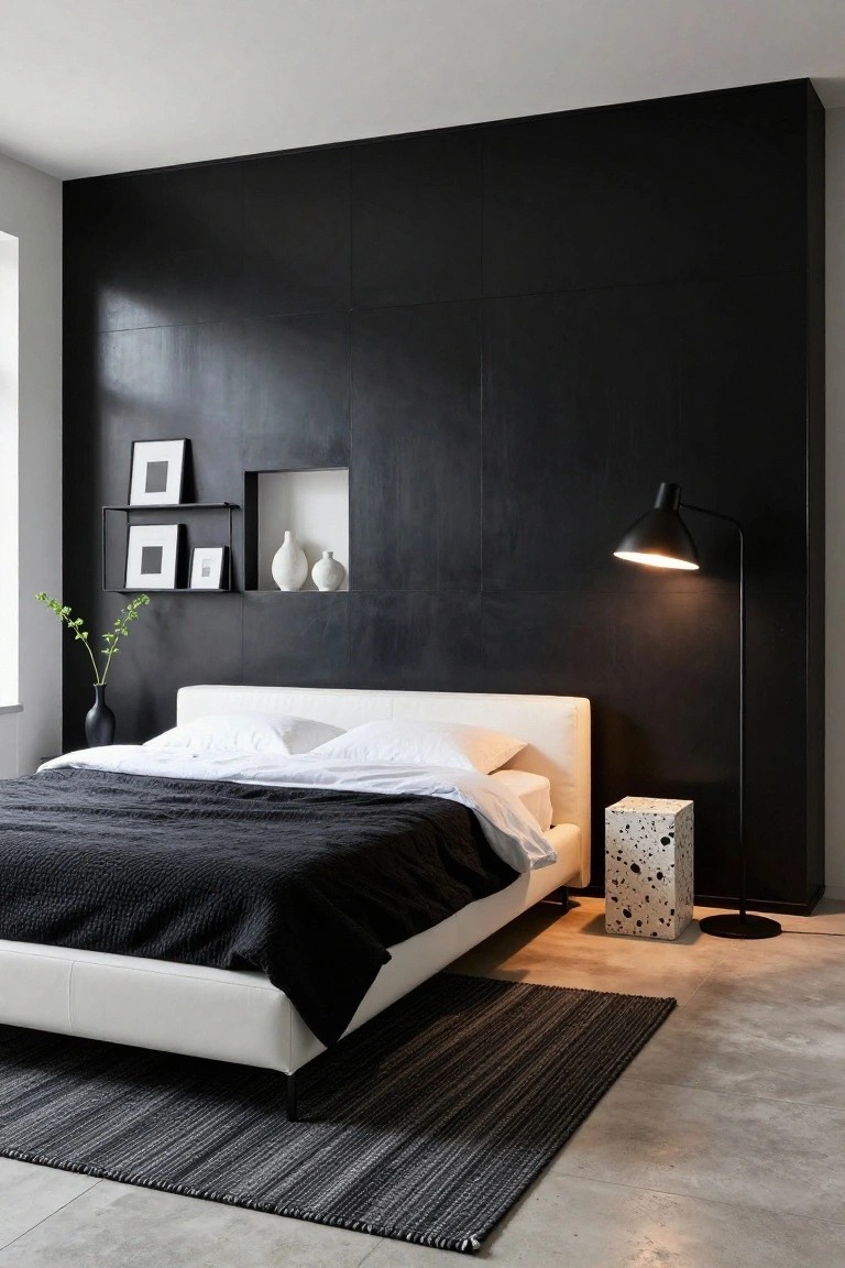 Modern bedroom with tall black textured wall paneling featuring a white niche shelf holding two vases, white leather bed with black textured throw and white sheets, black floor lamp, white terrazzo side table, and black-and-gray striped rug on polished concrete floor.