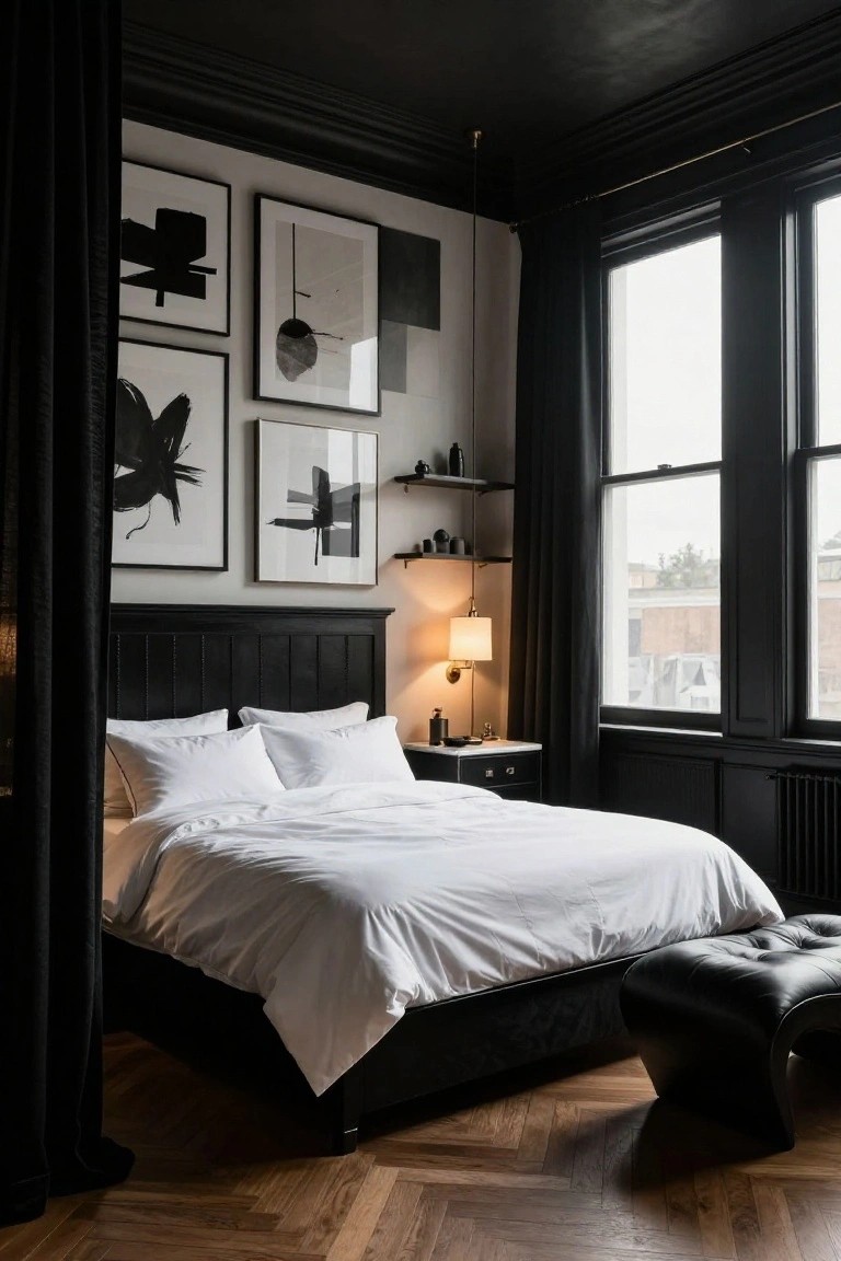 Bedroom corner with black ceiling and trim, dark upholstered bed frame piled with white pillows and duvet, abstract black line art on light walls, black shelves holding ceramics, bedside lamp on white table, black curtains at large windows, and herringbone wood floor.