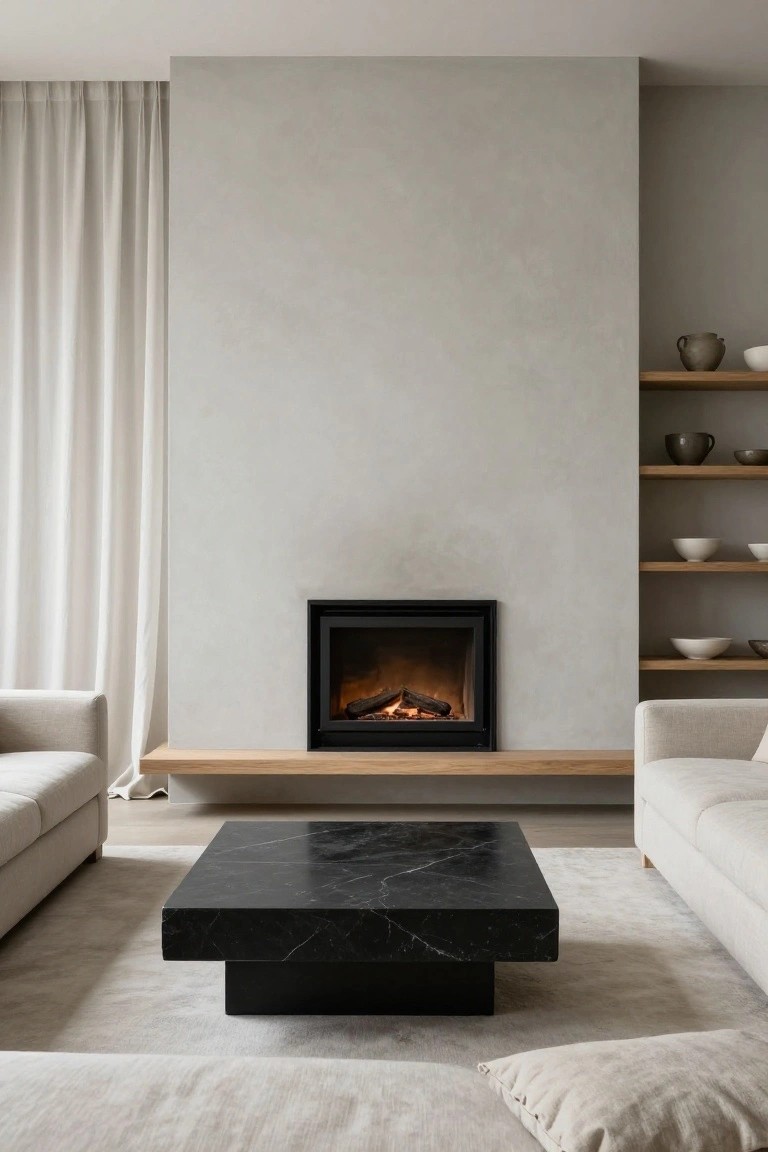 A minimalist living room with light gray textured walls, a black-framed gas fireplace under an oak shelf, white curtains, two beige sofas flanking a low square black marble coffee table on a light rug, and oak shelves holding gray pottery.