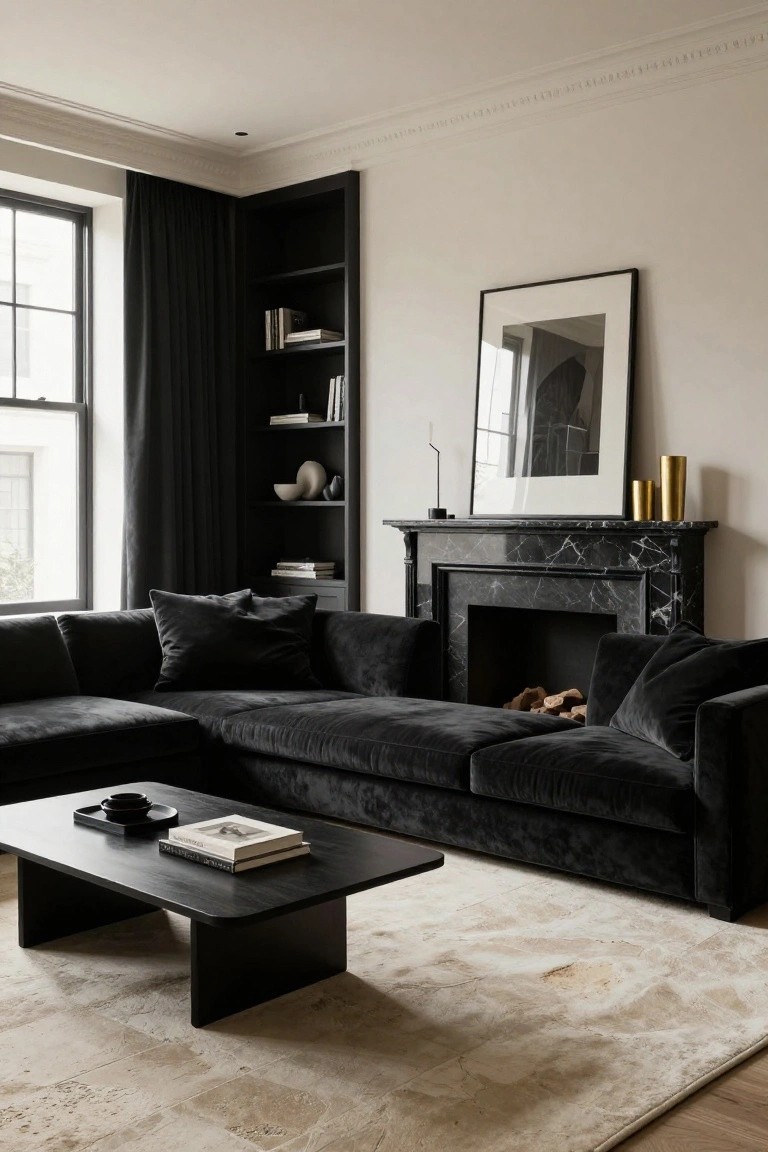 Living room with black velvet L-shaped sofa facing black marble fireplace, black built-in bookshelves beside tall black-framed windows with dark curtains, neutral walls, beige rug, black wood coffee table, and hardwood floors.