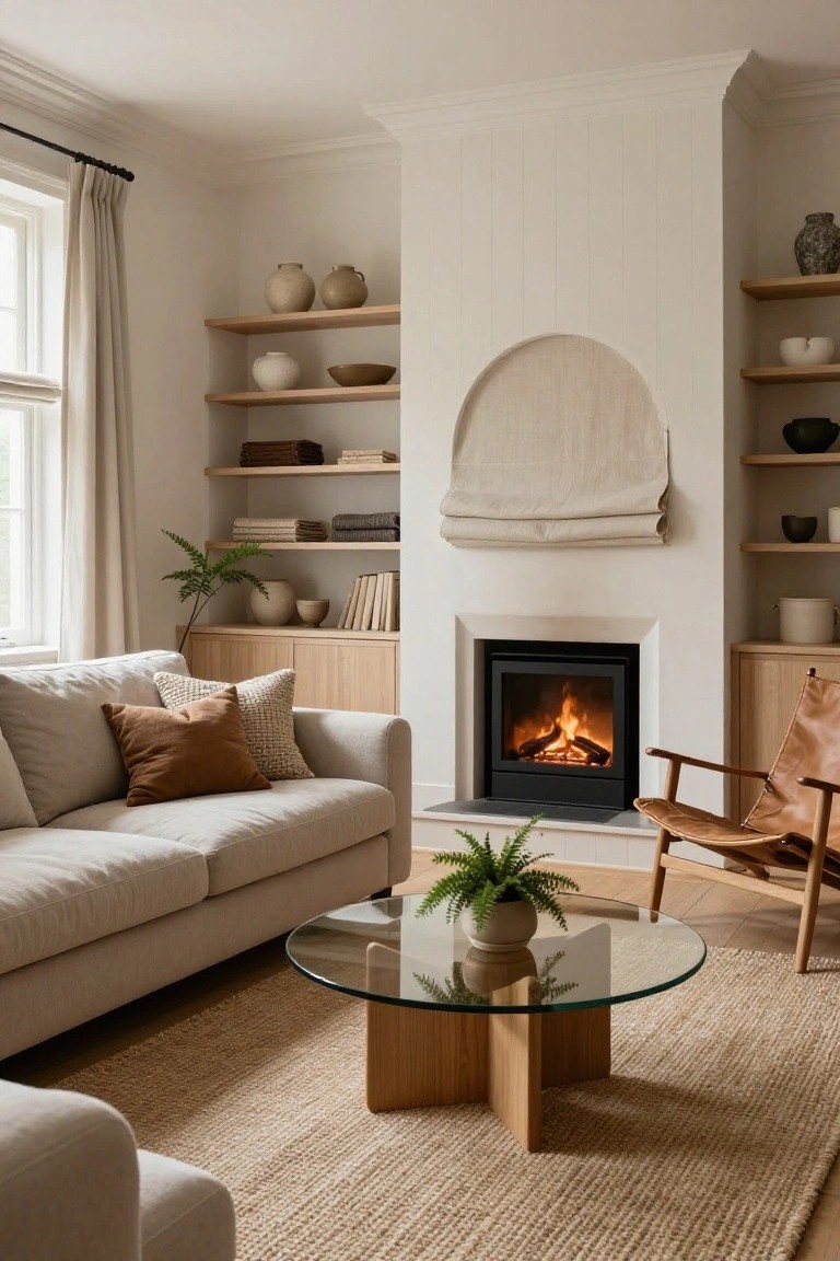 A light-filled living room with a beige linen sofa, oak shelving displaying ceramics and books, a burning fireplace in a white surround, a glass coffee table with plant, tan leather armchair, and neutral rug on oak floors.