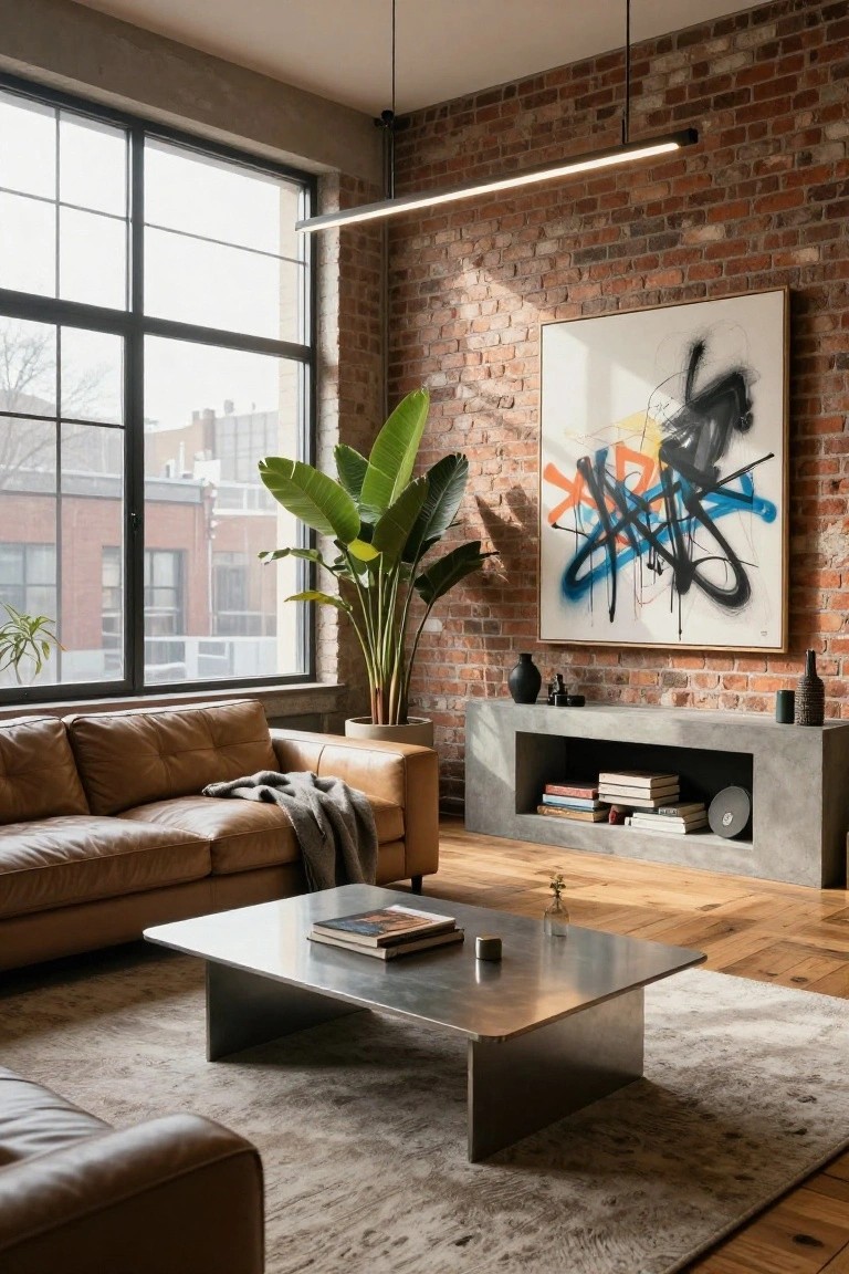 Modern living room interior with exposed brick walls, large industrial windows, tan leather L-shaped sofa, brushed metal coffee table, tall potted banana plant, abstract graffiti-style artwork, and concrete media unit.