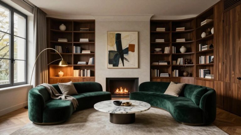 19 Brilliant Luxury Living Room Inspiration for Every Home Modern living room with walnut bookcases flanking a white gas fireplace, curved emerald green velvet sofa facing the fire, round white marble coffee table on herringbone parquet floor, large abstract painting above fireplace, and window with sheer curtains.