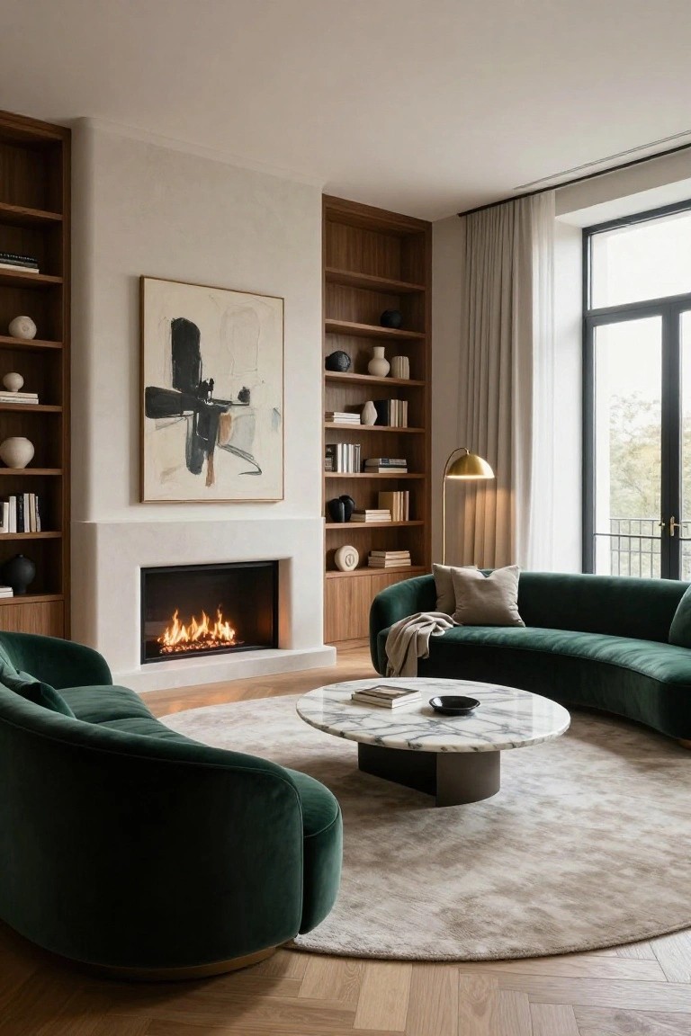 Modern living room with walnut bookcases flanking a white gas fireplace, curved emerald green velvet sofa facing the fire, round white marble coffee table on herringbone parquet floor, large abstract painting above fireplace, and window with sheer curtains.