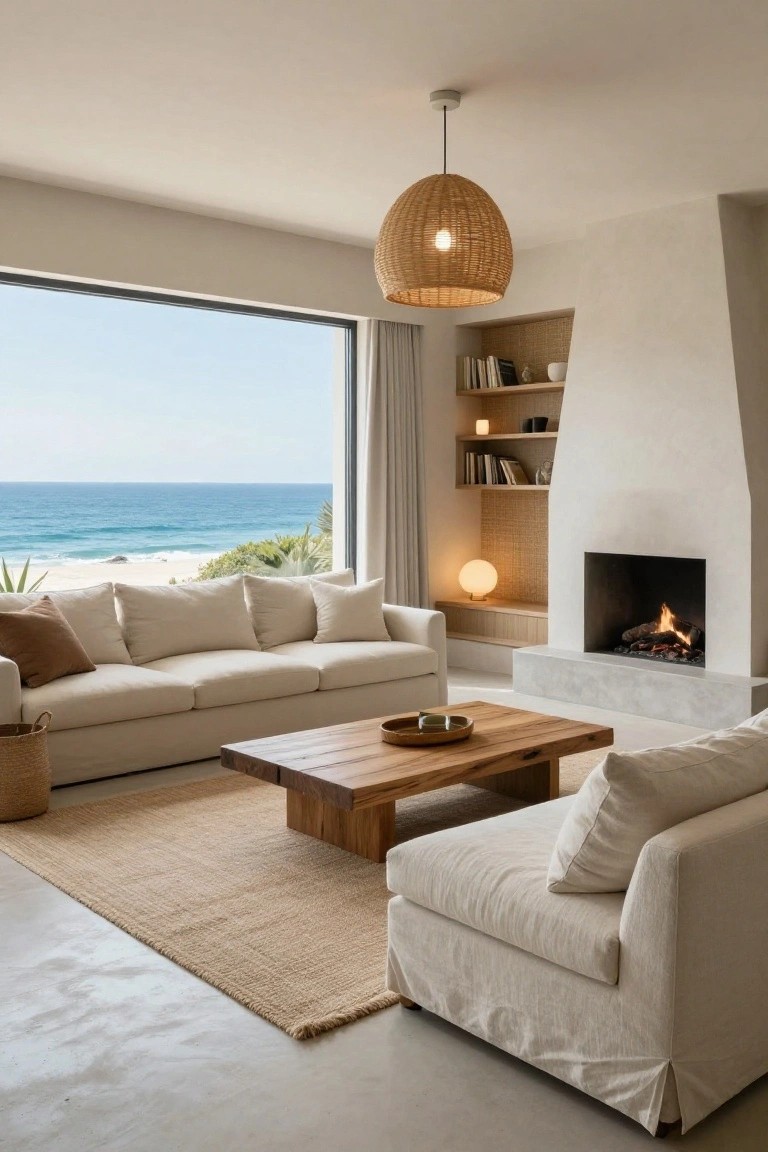 Beige-toned modern living room with white modular sofas, wooden coffee table, rattan pendant light overhead, built-in fireplace, bookshelves, and large corner windows showing ocean, beach, and palm trees.