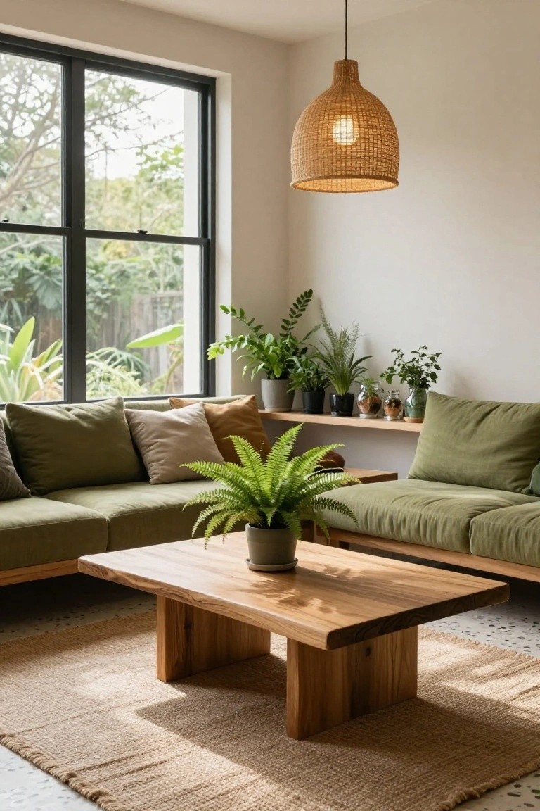 A bright living room corner with a low green sofa, wooden coffee table, multiple potted plants on shelves and floors, rattan pendant light, and large black-framed windows overlooking tropical greenery.