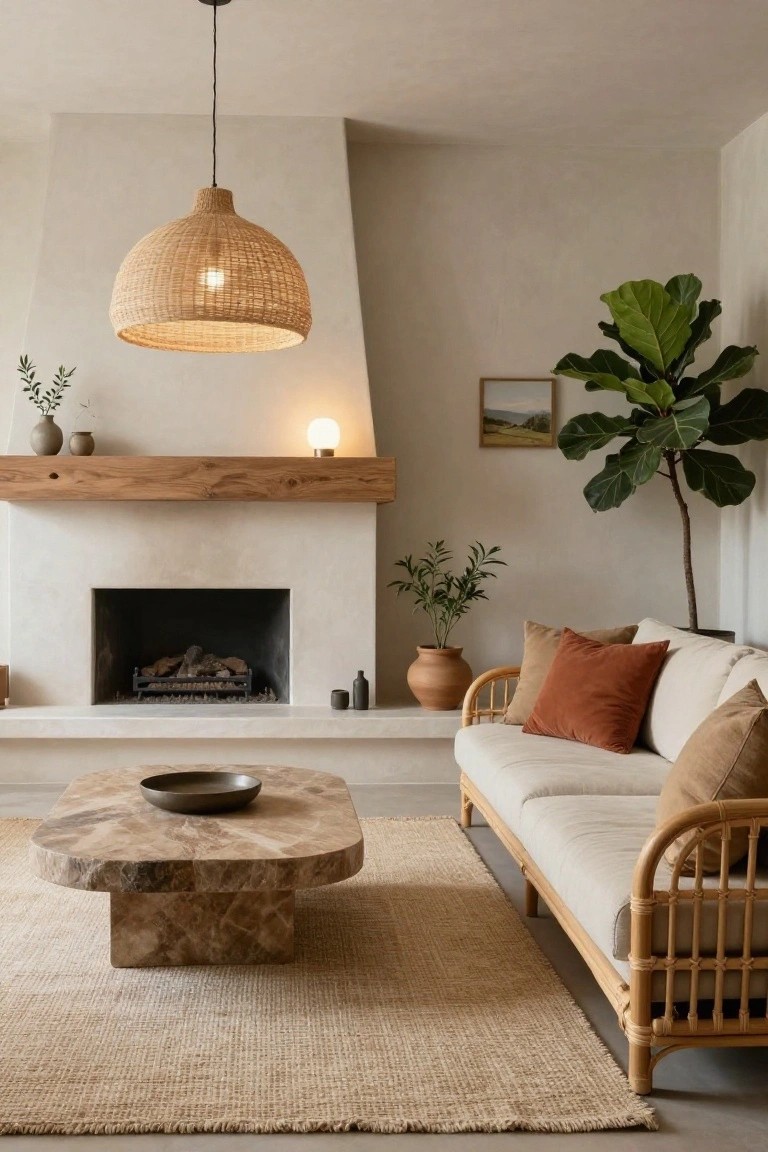 Neutral living room with woven rattan pendant lamp over a plaster fireplace with wood mantel, rattan sofa with beige and rust pillows, stone coffee table on seagrass rug, potted plants, and fiddle leaf fig tree.