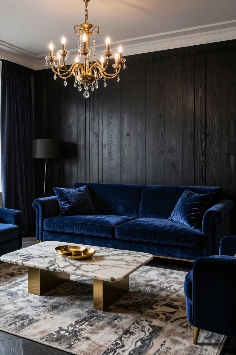 Luxurious living room interior with navy blue velvet L-shaped sofa and armchair, white marble coffee table on brass legs, dark vertical wood paneled wall, gold crystal chandelier, black floor lamp, blue velvet pillows, and gray patterned rug on dark wood floor.