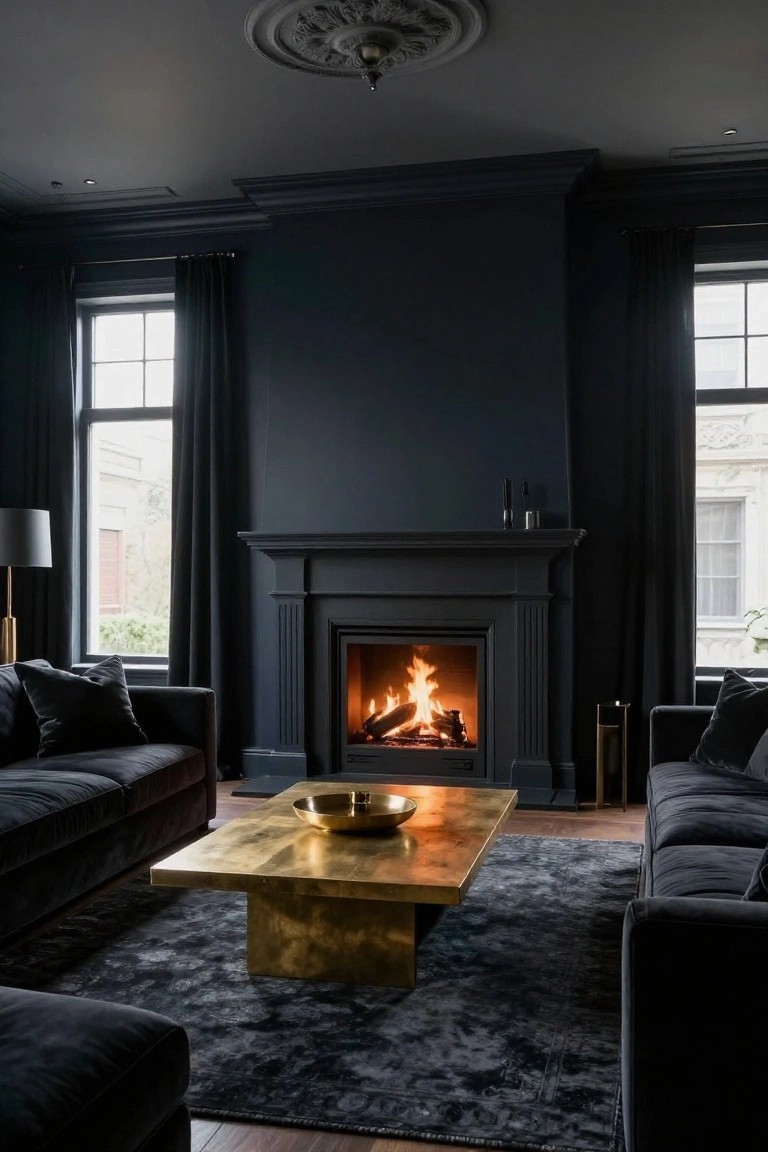 Living room interior with dark navy walls and moldings, two black velvet sofas, brass coffee table holding a bowl, lit fireplace, dark rug, and large curtained windows.
