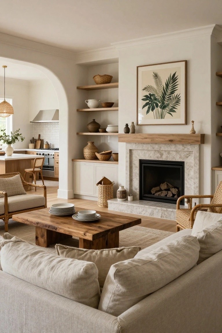 A light living room with beige linen sofa, rattan chairs, wooden coffee table, marble fireplace with oak mantel, floating wood shelves with pottery and baskets, and an arched opening to a white kitchen.