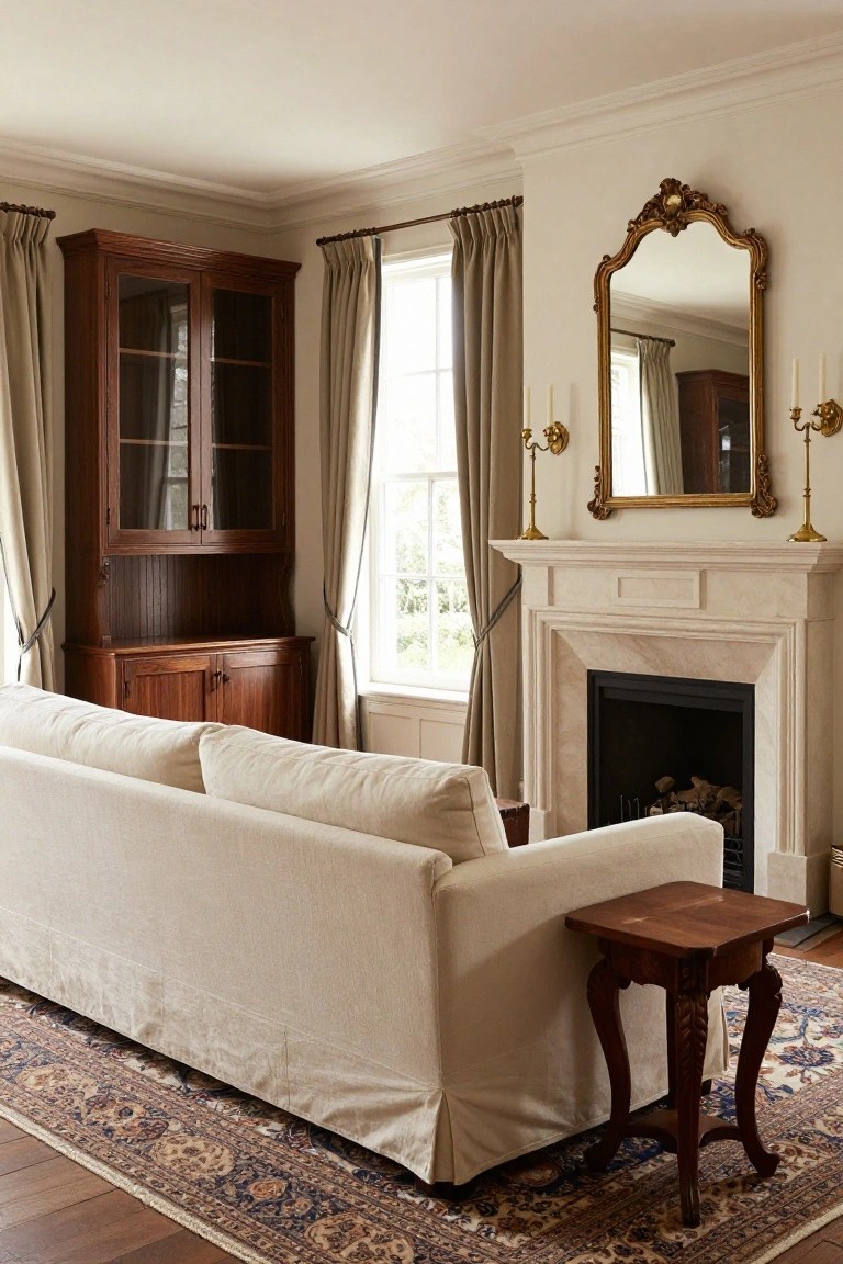 A sunlit living room with a cream slipcovered sofa next to a limestone fireplace, flanked by tall mahogany cabinets, a gilded mirror over the mantel, beige drapes on tall windows, wooden side table, and a blue-and-red Persian rug on hardwood floors.