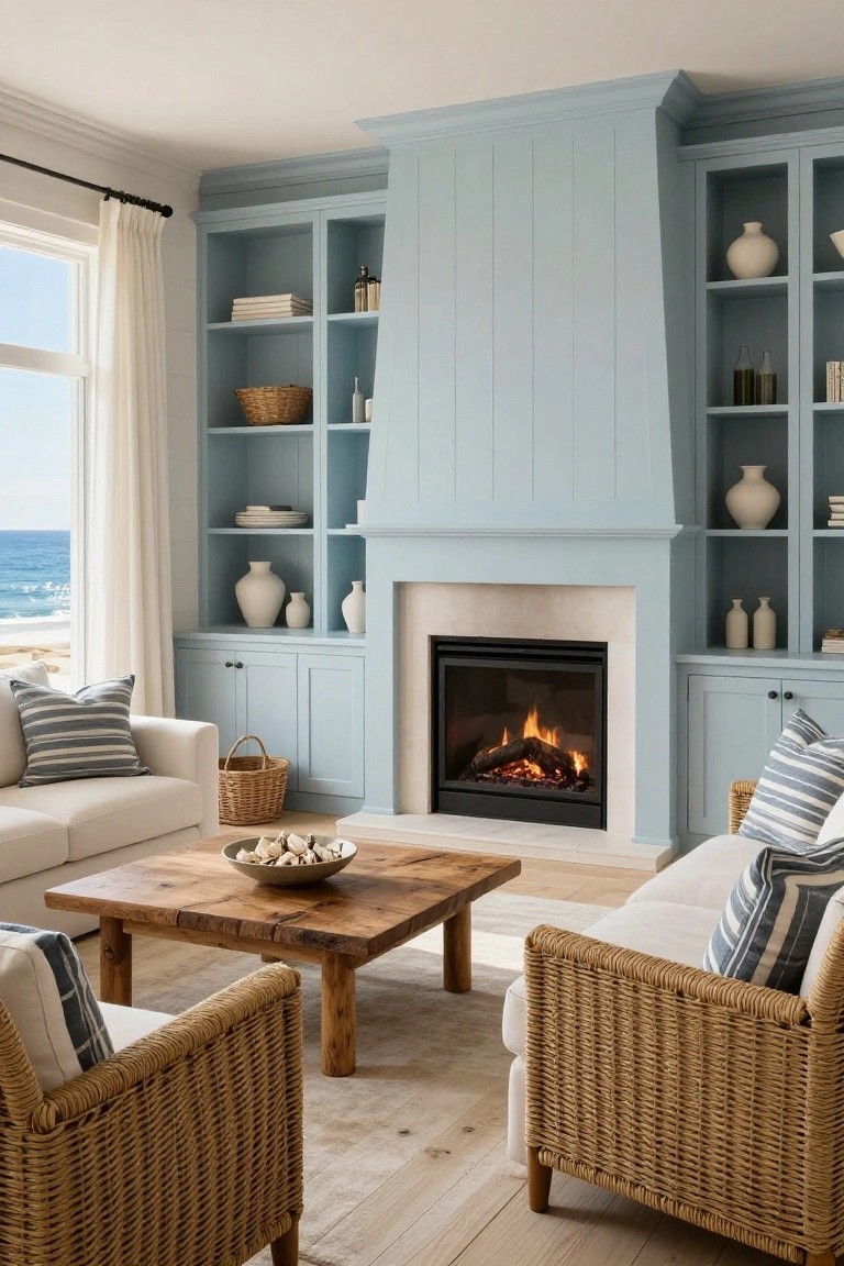 Living room with light blue painted built-in shelving and cabinets surrounding a lit gas fireplace, white sofas with striped pillows, rattan armchairs, wooden coffee table, and large window showing ocean view.
