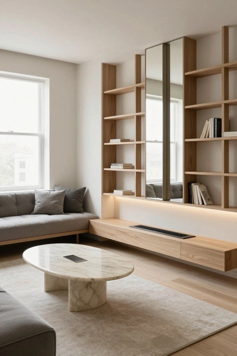 Modern living room with full-height oak shelving units integrated with a tall mirror along the wall next to a window, gray upholstered sofa and ottoman, oval white marble coffee table on a light rug, and light wood flooring.