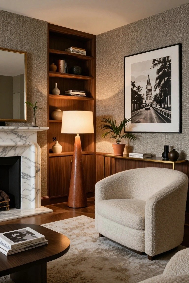 A living room corner with tall wooden built-in shelving and cabinets beside a marble fireplace, a cream curved armchair, tall wooden floor lamp, side table with books and vases, and a large black-and-white photo on the wall.