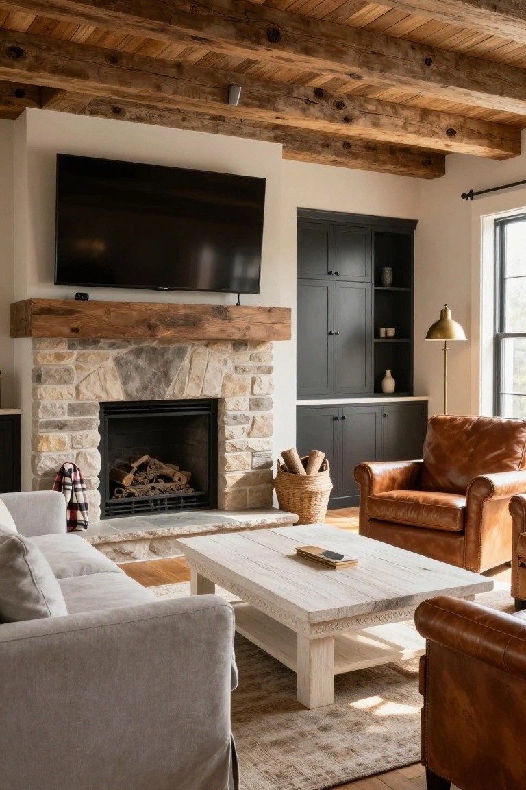 Living room interior with exposed wooden ceiling beams, mounted TV, dark cabinets, stone fireplace with thick wood mantel and firewood inside, gray sofa, tan leather armchairs, white coffee table, and beige rug on wood floors.
