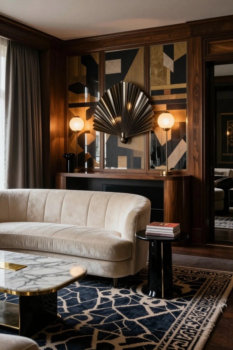 Elegant living room with beige sofa, marble table, and geometric wall art.