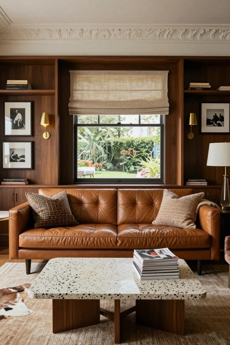 Wood-paneled living room with built-in bookshelves flanking a window to a garden, tan tufted leather sofa with pillows, terrazzo coffee table holding magazine stacks, cream lamp, and rug on hardwood floor.