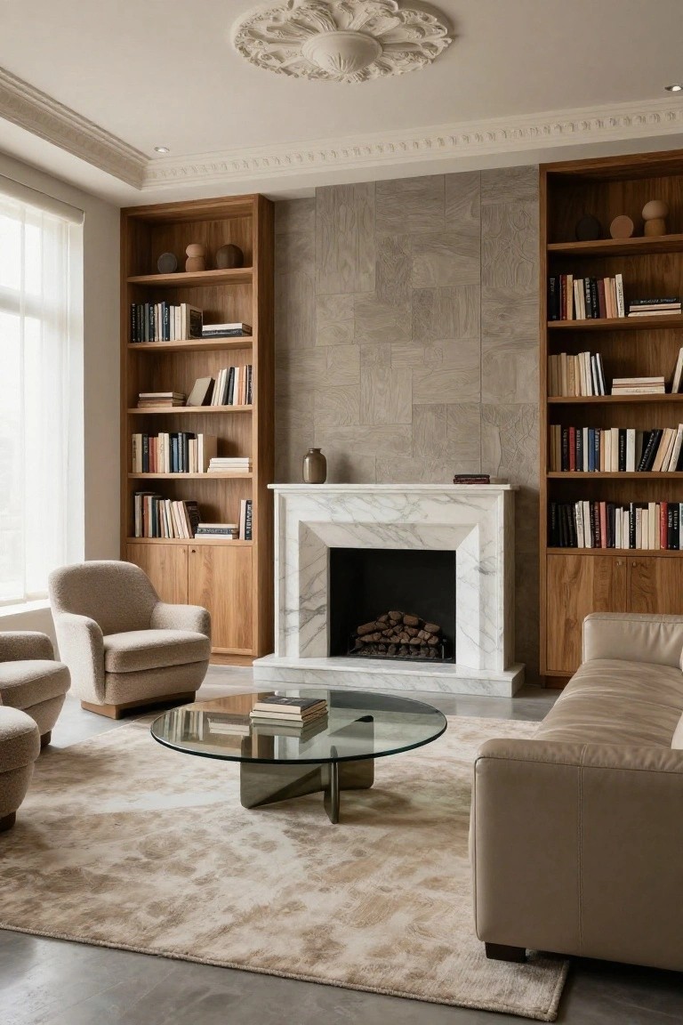 A beige living room featuring tall wooden bookshelves flanking a white marble fireplace with logs inside, two cream armchairs, a glass coffee table, a beige sofa, and a light rug on a concrete floor.