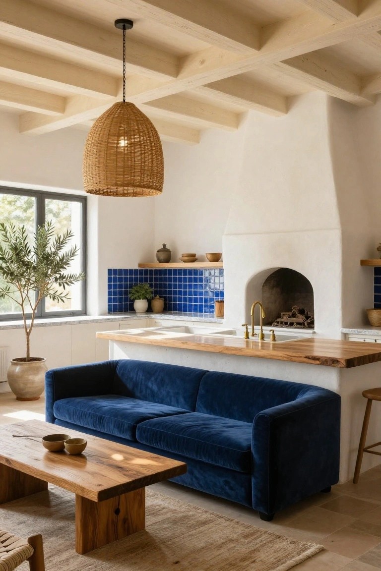 Open-plan interior with navy velvet sofa and live-edge wood coffee table in living area adjacent to kitchen featuring wood-topped island, blue tiled backsplash, gold faucet, white stucco walls, wood beam ceiling, and arched fireplace.