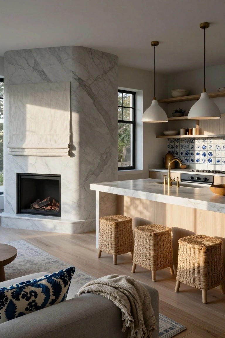 Curved white marble wall with gas fireplace divides open-plan living room and kitchen, featuring white marble island with three wicker barstools, hardwood floors, gray sofa, and windows to outdoors.
