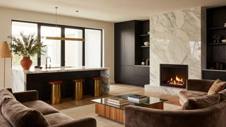 Open-plan interior with black kitchen cabinets, white marble island with three brown leather bar stools, beige sofa with throw, glass coffee table with stacked books, brown velvet sectional sofa, marble fireplace with fire burning, and large glass doors to outdoors.