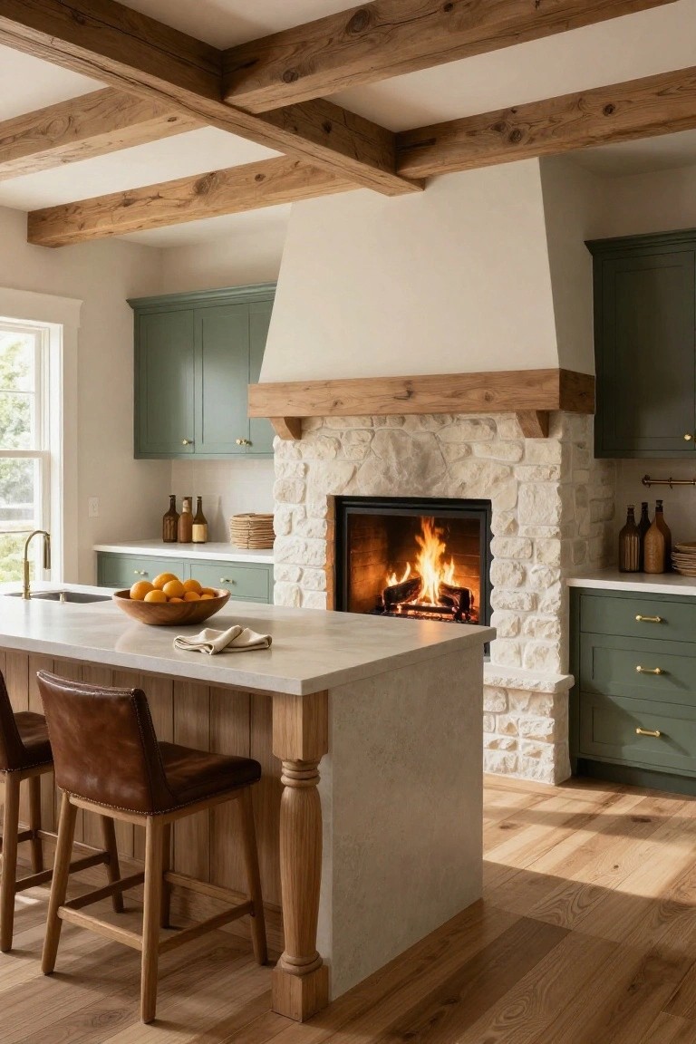 Kitchen with white quartz island, two leather bar stools, adjacent stone fireplace with fire burning, sage green cabinets, wood beam ceiling, and hardwood floors.