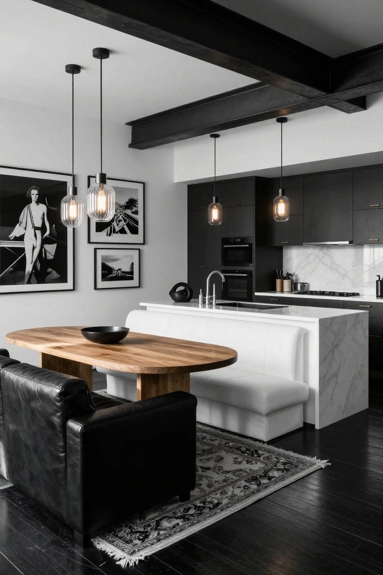 Modern open kitchen with black cabinets, white marble island extended into white banquette seating around a light wood oval table, black leather armchair, pendant lights, and framed black-and-white photos on white walls.