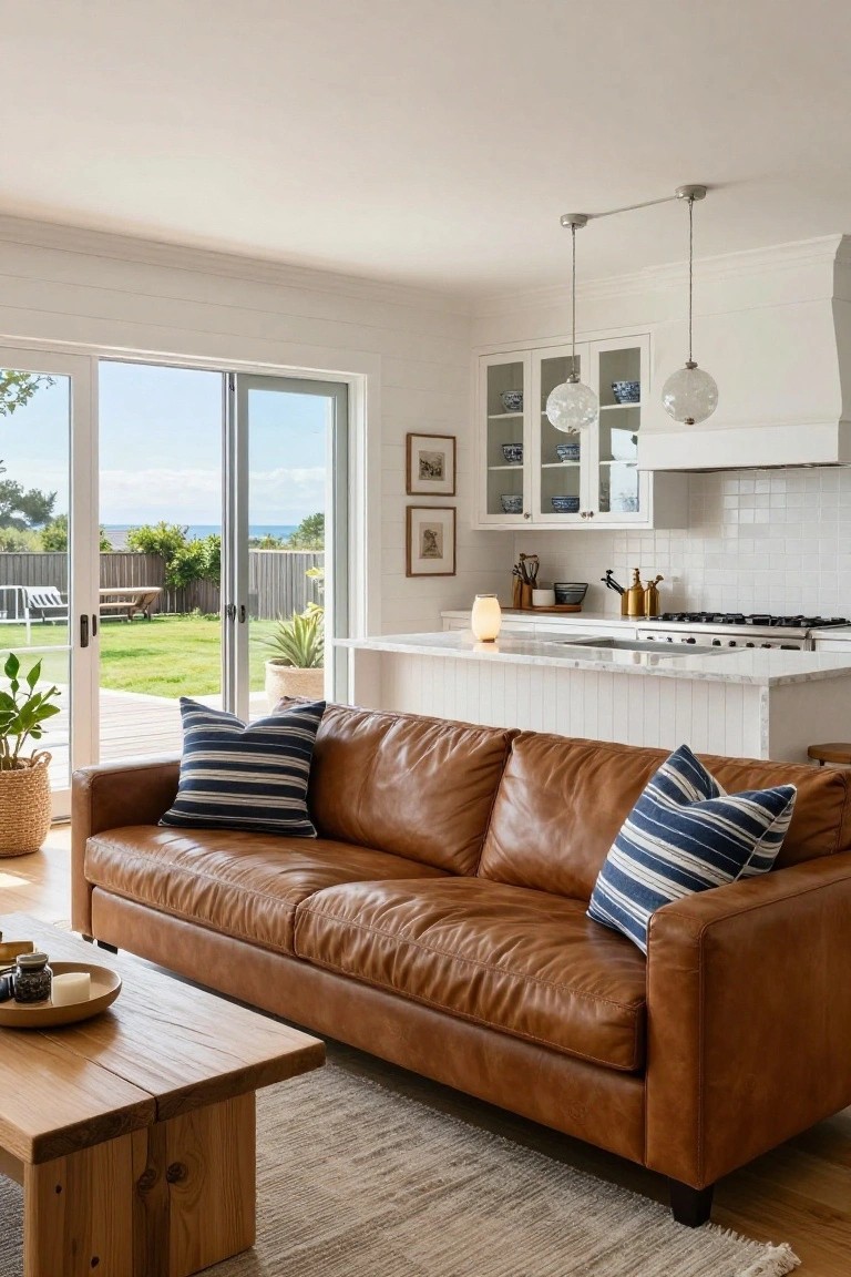 Open-plan interior with tan leather sofa and wooden coffee table facing white kitchen island, large sliding glass doors to backyard lawn and ocean view, neutral tones and plants.