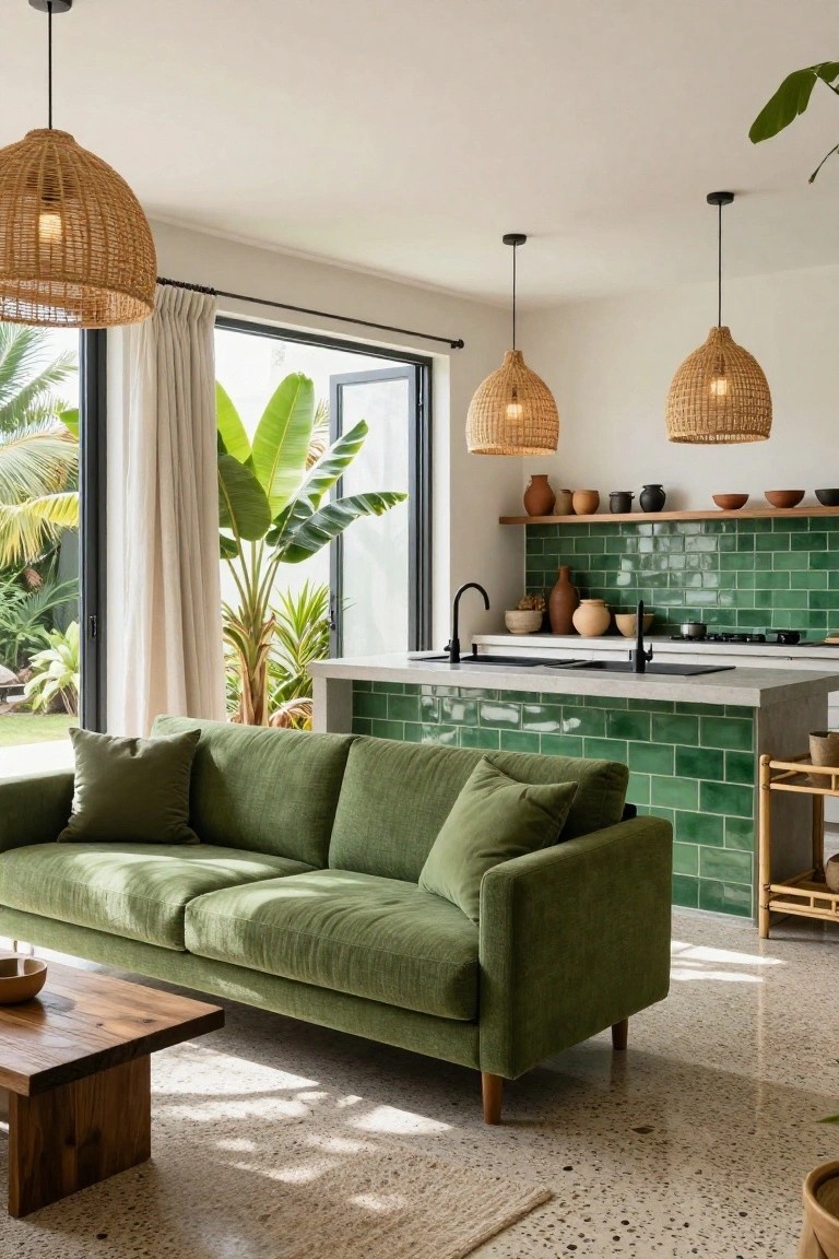Open-plan interior with green velvet sofa on terrazzo floor facing kitchen island with emerald green subway tile backsplash, rattan pendant lights hanging above, wooden stools, pottery on shelves, and large glass doors open to tropical garden with palms and banana plants.