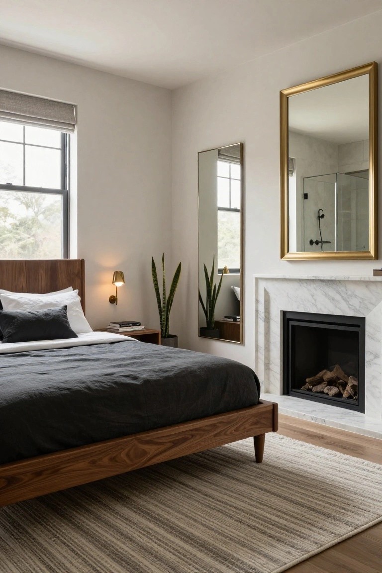 A light-filled bedroom corner with a walnut wood bed and nightstand, marble fireplace with burning logs, large gold-framed mirror reflecting a glass shower enclosure, potted plants, and a window with gray blinds.