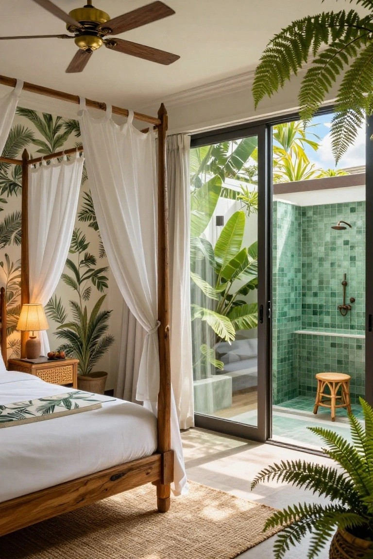 A tropical-style bedroom with a wooden canopy bed draped in white curtains, palm wallpaper, bedside table with lamp, and sliding glass doors opening to an outdoor green-tiled shower with plants and stool.