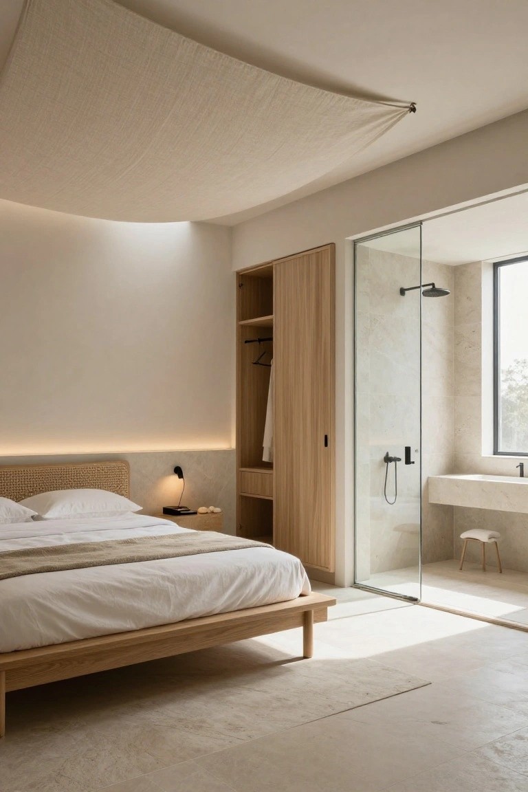 Modern minimalist bedroom featuring a low oak platform bed with white linens and rattan headboard, a draped fabric canopy overhead, built-in wooden wardrobe, and an adjacent open glass shower with stone walls and fixtures.