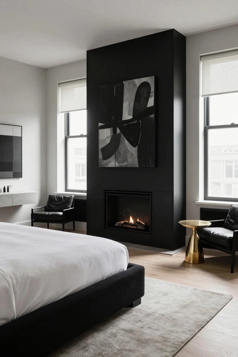 Modern bedroom interior with tall black feature wall holding large abstract artwork above a gas fireplace, white king bed on black platform, two black leather armchairs with gold side table, floating sink vanity, and large windows with shades.