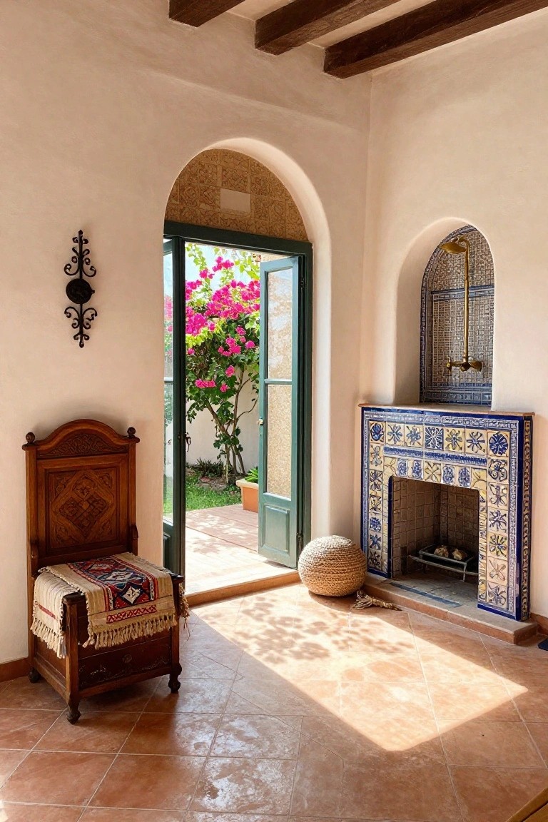 Sunlit interior room with white adobe walls, exposed wooden beams, carved wooden chair with colorful woven blanket, open green arched door revealing pink bougainvillea garden, woven basket on floor, and ornate blue and white tiled fireplace on terracotta tile flooring.