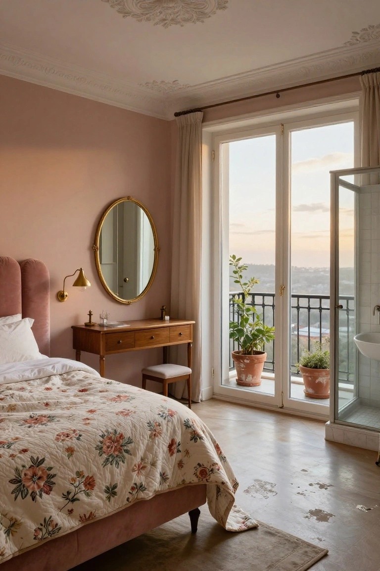 Master bedroom with blush pink walls, tufted pink velvet bed covered in a white floral quilt, wooden vanity with gold oval mirror and lamp, large white French doors to a balcony with terracotta potted plants overlooking hills at sunset, and adjacent glass shower enclosure on tiled floor.