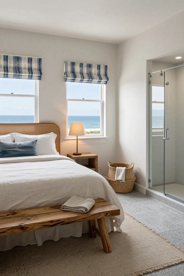 Master bedroom with rattan headboard bed, white linens, wooden side table and bench, large ocean-view windows, and adjacent glass shower enclosure.