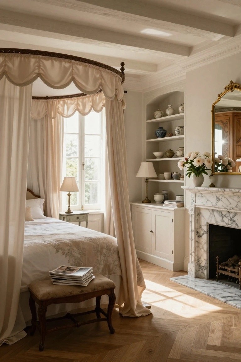 A bedroom interior with a circular four-poster bed draped in beige scalloped curtains, a marble fireplace, side tables with lamps, bookshelves holding ceramics, and sunlight through tall windows on parquet flooring.