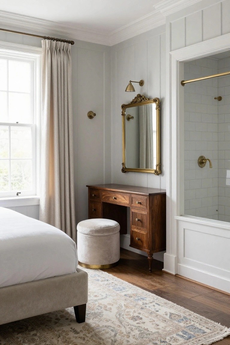 Light gray shiplap-walled master bedroom with white bed, wooden vanity desk with gold ornate mirror and cream pouf stool next to open white subway tile shower enclosure.
