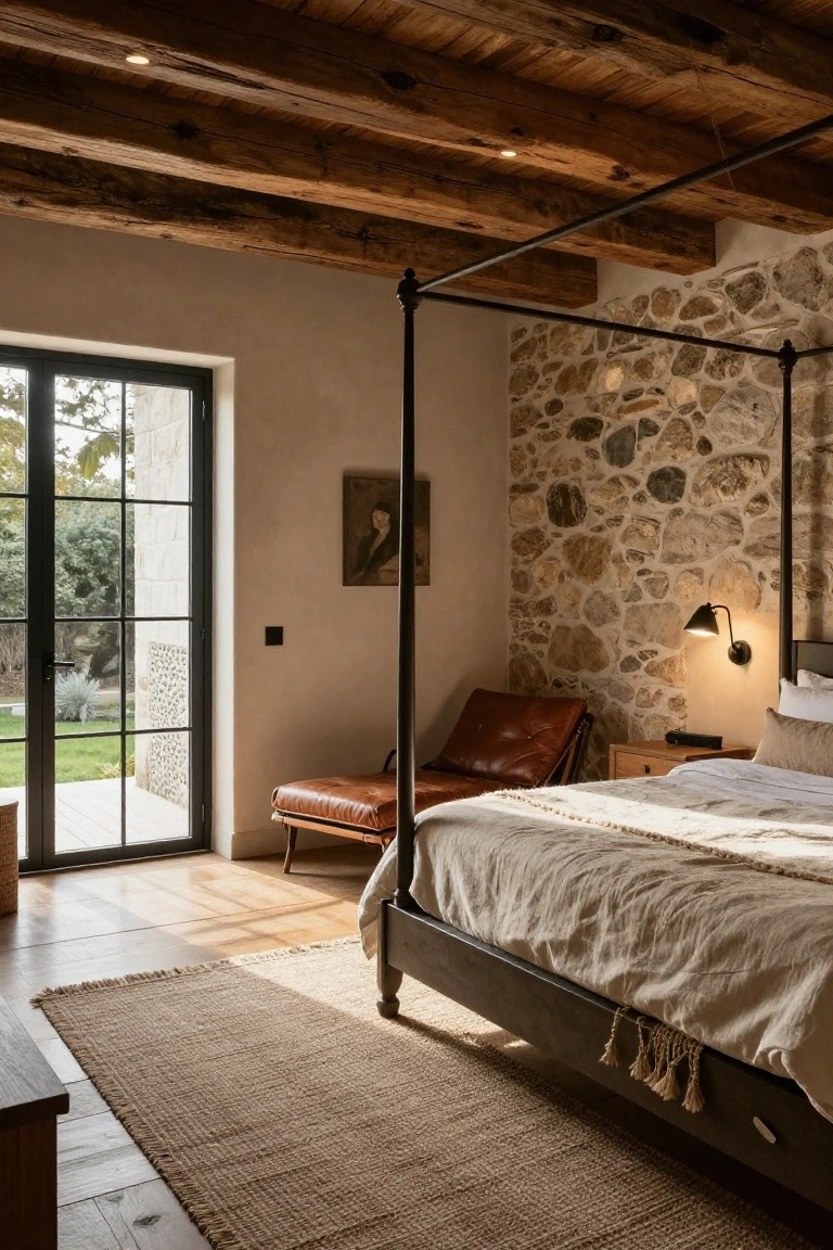 Luxury bedroom interior featuring an exposed stone wall behind a black iron four-poster bed, wooden beam ceiling, brown leather chair, nightstand, and large glass doors open to a garden view.