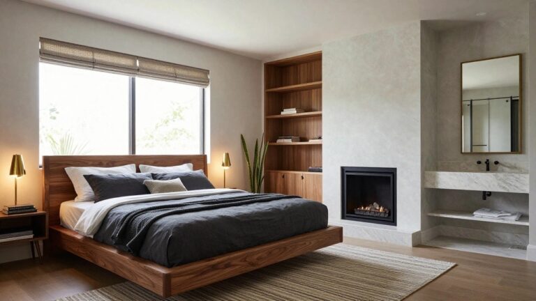 A light-filled bedroom corner with a walnut wood bed and nightstand, marble fireplace with burning logs, large gold-framed mirror reflecting a glass shower enclosure, potted plants, and a window with gray blinds.