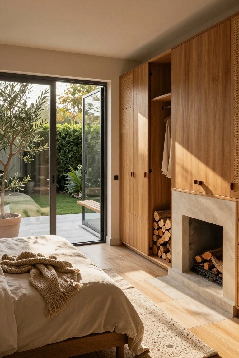 Modern bedroom interior featuring tall open wooden wardrobes flanking a minimalist concrete fireplace with stacked firewood, a low wooden bed with beige linens and knitted throw, light oak flooring, and large sliding glass doors open to a lush garden with an olive tree.