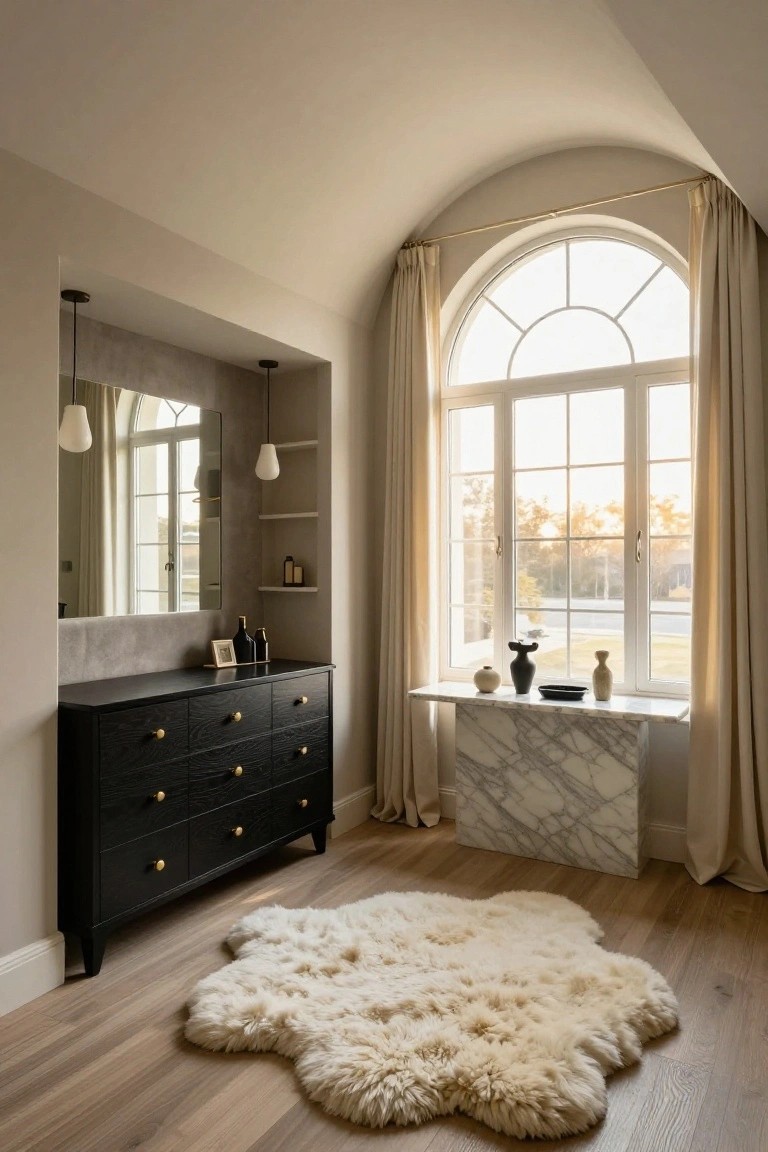 Bedroom corner with black wood six-drawer dresser, arched window draped in cream curtains with white marble sill holding ceramic vases and a black bowl, white sheepskin rug on light wood floor, neutral walls and recessed mirror alcove.