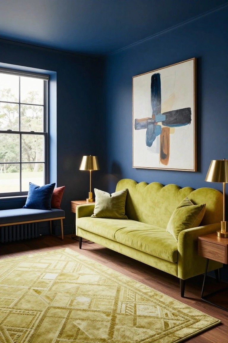 Interior room with deep navy blue walls, large abstract painting in gold frame, scalloped green velvet sofa with green pillows, gold lamps on wooden tables, blue bench by window, and geometric gold rug on wood floor.