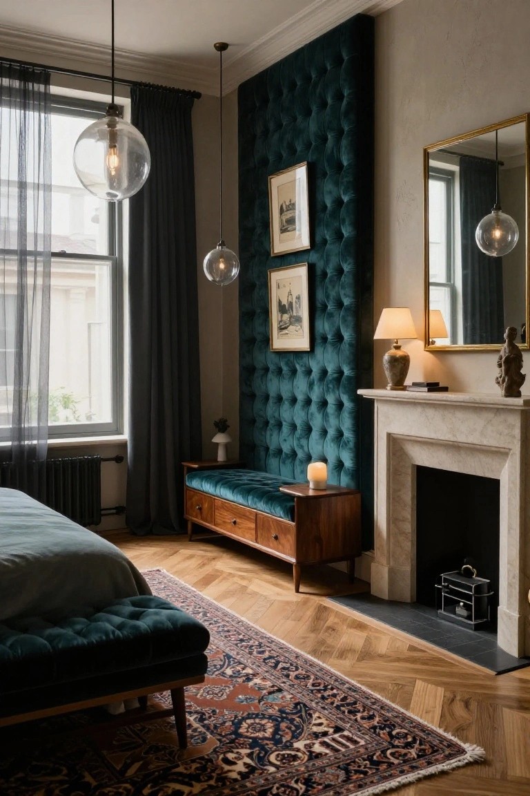A master bedroom with a tall tufted emerald green velvet wall behind the bed, marble fireplace, wooden bench with velvet cushion, and Persian rug on herringbone parquet floor.